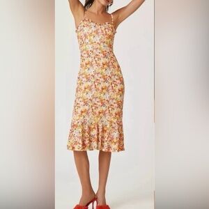 Anthropologie Hutch Selene Floral Bustier Midi Dress Size S Orange Trumpet Hem